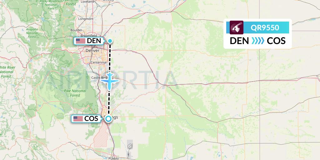 QR9550 Qatar Airways Flight Map: Denver to Colorado Springs