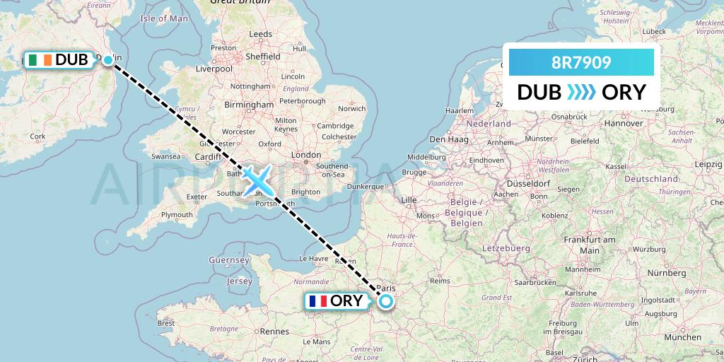 8R7909 Amelia Flight Map: Dublin to Paris