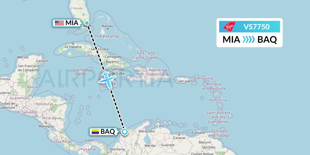 VS7750 Virgin Atlantic Airways Flight Map: Miami to Barranquilla
