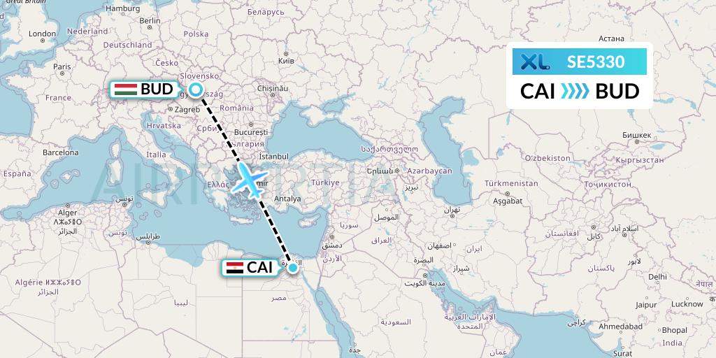 SE5330 XL Airways France Flight Map: Cairo to Budapest