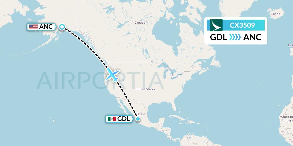 CX3509 Cathay Pacific Flight Map: Guadalajara to Anchorage