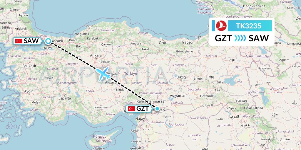 TK3235 Turkish Airlines Flight Map: Gaziantep to Istanbul