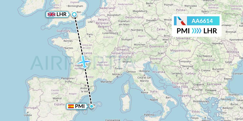 AA6614 American Airlines Flight Map: Palma de Mallorca to London
