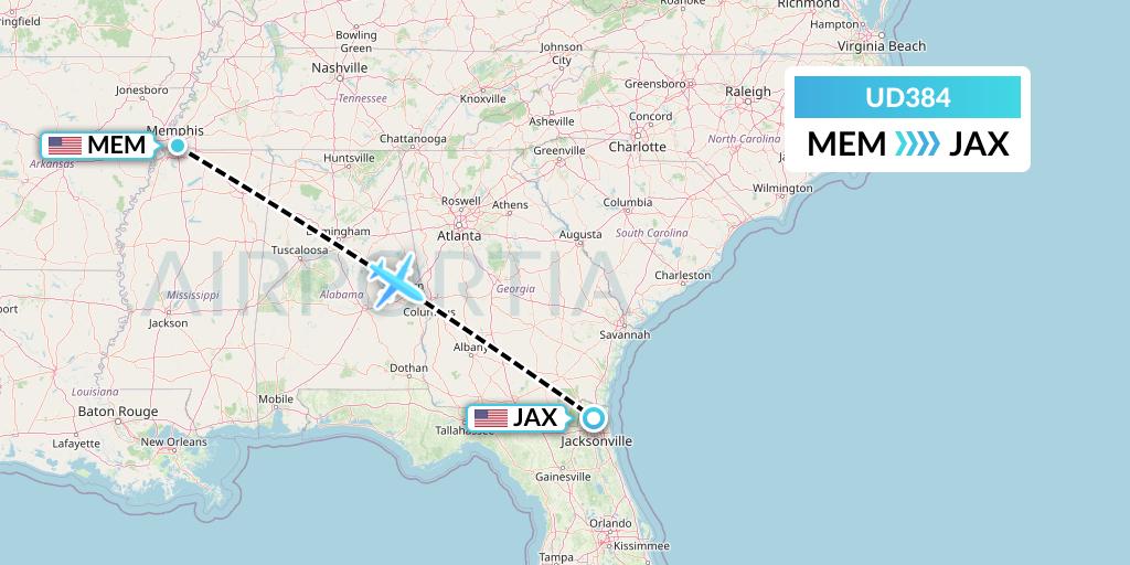 UD384 UR Airlines Flight Map: Memphis to Jacksonville