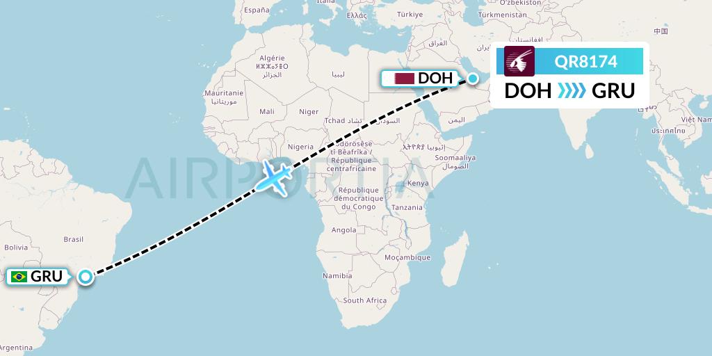 QR8174 Qatar Airways Flight Map: Doha to Sao Paulo
