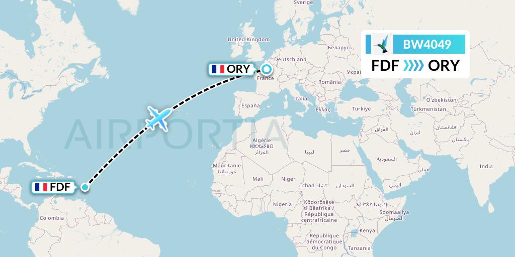 BW4049 Caribbean Airlines Flight Map: Fort-de-France to Paris