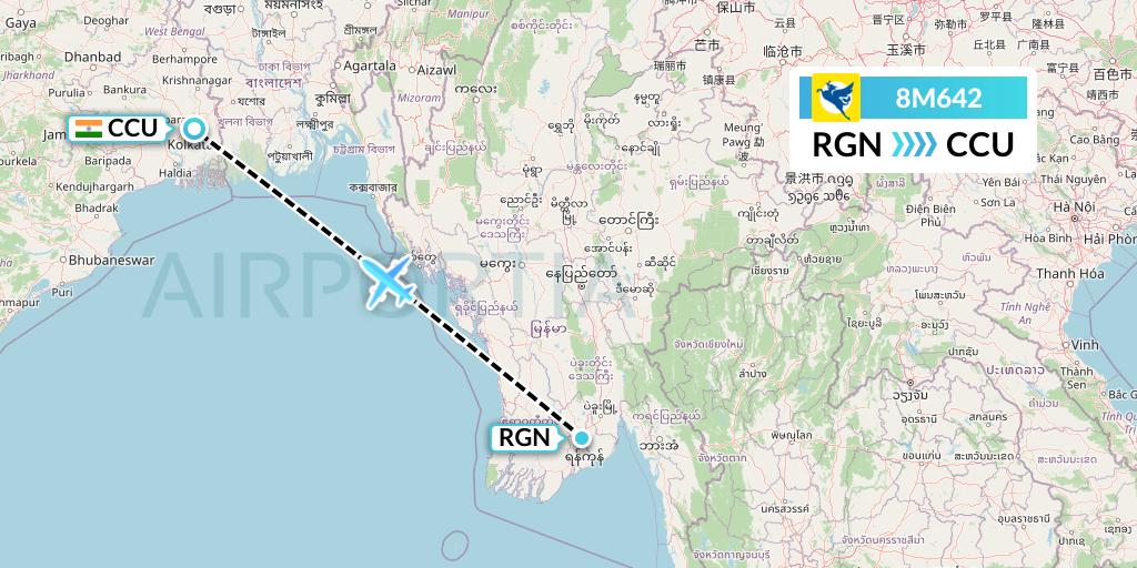 8M642 Myanmar Airways International Flight Map: Yangon to Kolkata