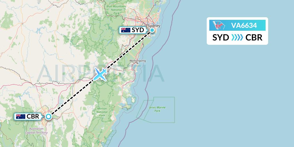 VA6634 Virgin Australia Flight Map: Sydney to Canberra