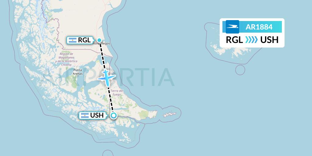 AR1884 Aerolineas Argentinas Flight Map: Rio Gallegos to Ushuaia