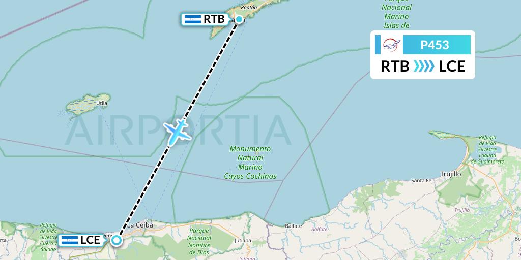 P453 Air Peace Flight Map: Roatan to La Ceiba