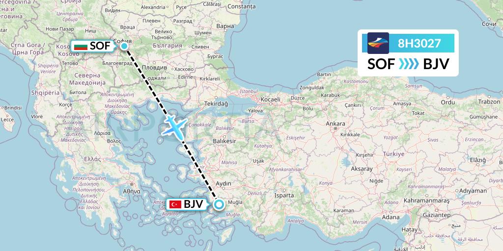 8H3027 BH Air Flight Map: Sofia to Bodrum