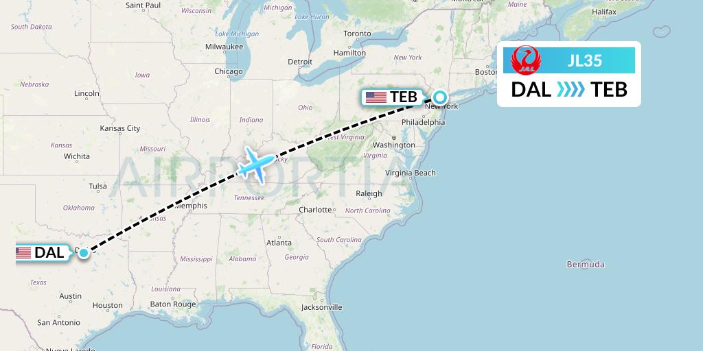 JL35 Japan Airlines Flight Map: Dallas to Teterboro