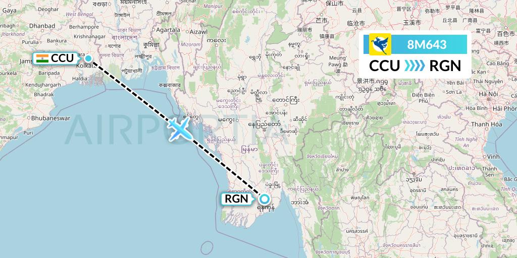 8M643 Myanmar Airways International Flight Map: Kolkata to Yangon
