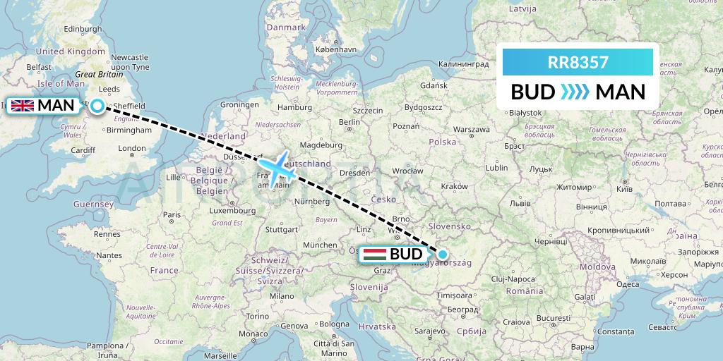 RR8357 Royal Air Force Flight Map: Budapest to Manchester