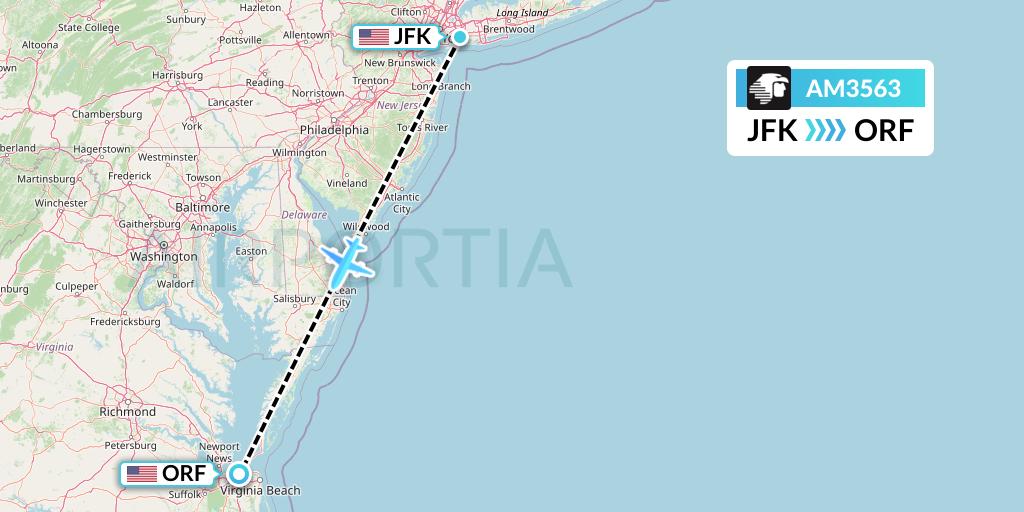 AM3563 Aeromexico Flight Map: New York to Norfolk