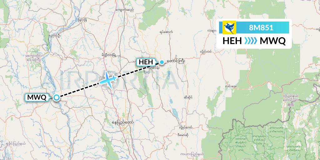 8M851 Myanmar Airways International Flight Map: Heho to Magway