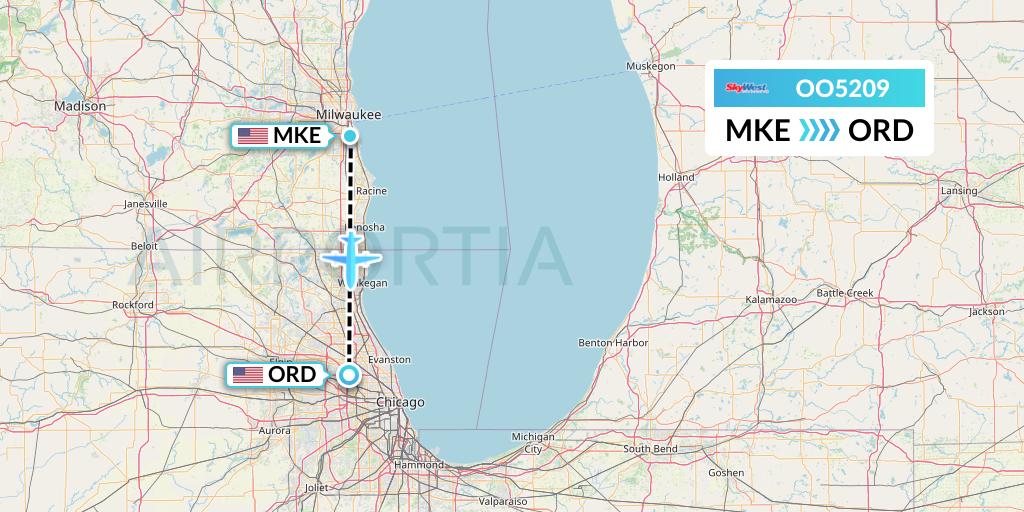 OO5209 SkyWest Airlines Flight Map: Milwaukee to Chicago