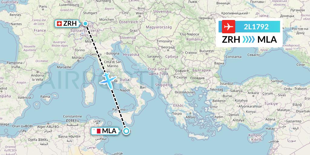 2L1792 Helvetic Airways Flight Map: Zurich to Malta