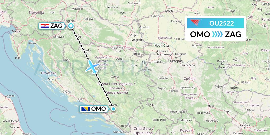 OU2522 Croatia Airlines Flight Map: Mostar to Zagreb