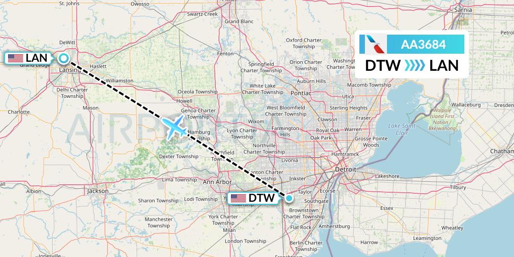AA3684 American Airlines Flight Map: Detroit to Lansing