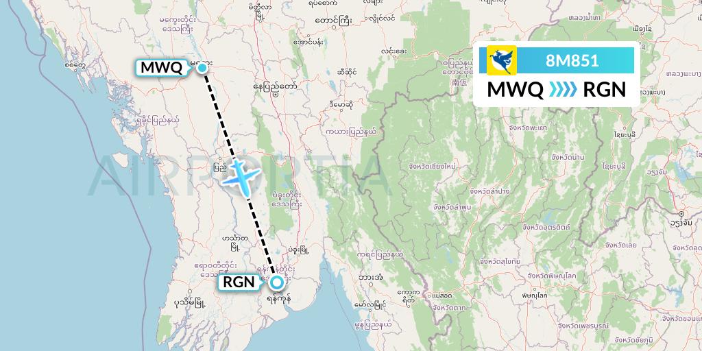 8M851 Myanmar Airways International Flight Map: Magway to Yangon