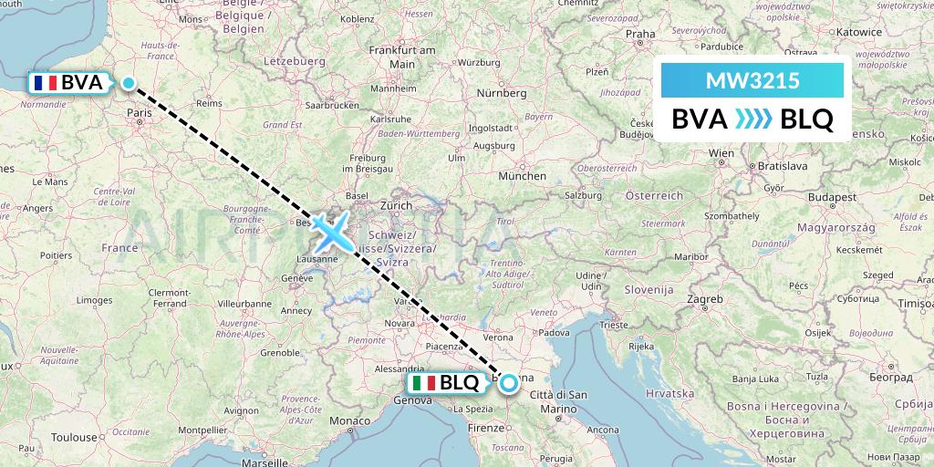 MW3215 Mokulele Flight Service Flight Map: Paris to Bologna