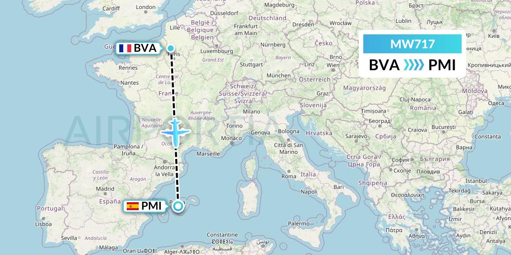 MW717 Mokulele Flight Service Flight Map: Paris to Palma de Mallorca