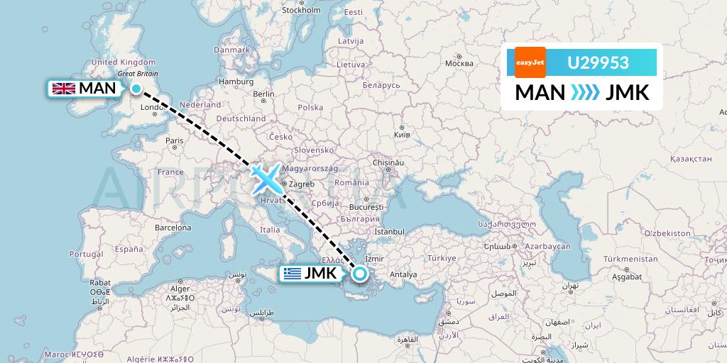 U29953 EasyJet Flight Map: Manchester to Mykonos