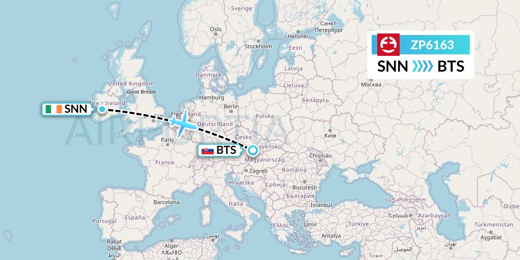 ZP6163 Paranair Flight Map: Shannon to Bratislava