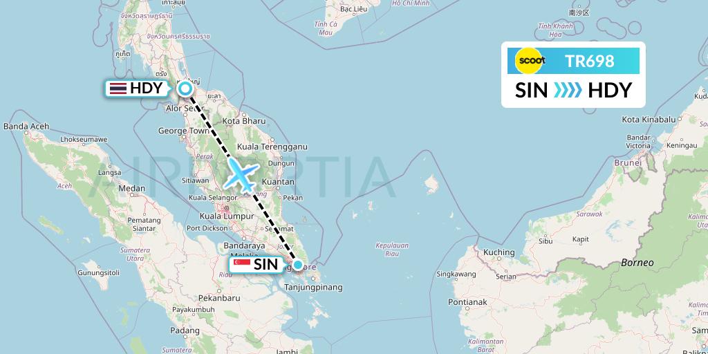 TR698 Tigerair Flight Map: Singapore to Hat Yai