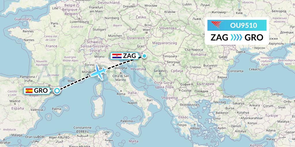 OU9510 Croatia Airlines Flight Map: Zagreb to Girona