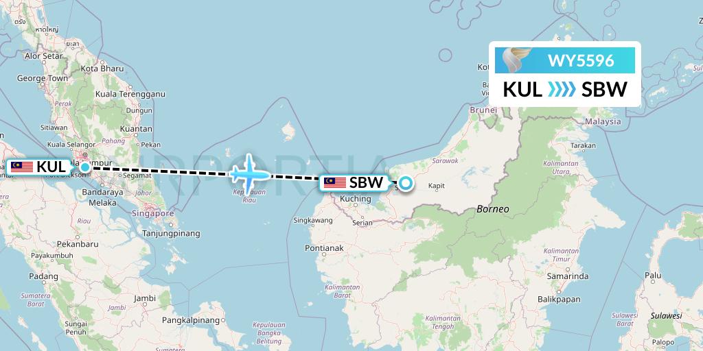 WY5596 Oman Air Flight Map: Kuala Lumpur to Sibu