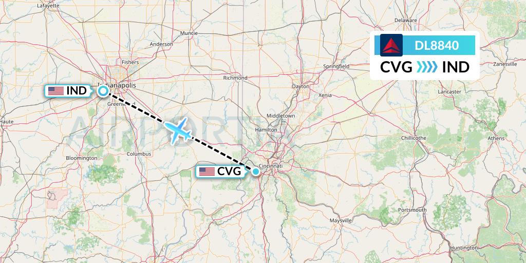 DL8840 Delta Air Lines Flight Map: Cincinnati to Indianapolis
