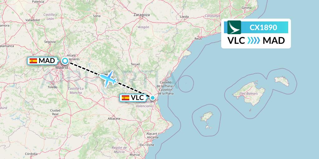 CX1890 Cathay Pacific Flight Map: Valencia to Madrid