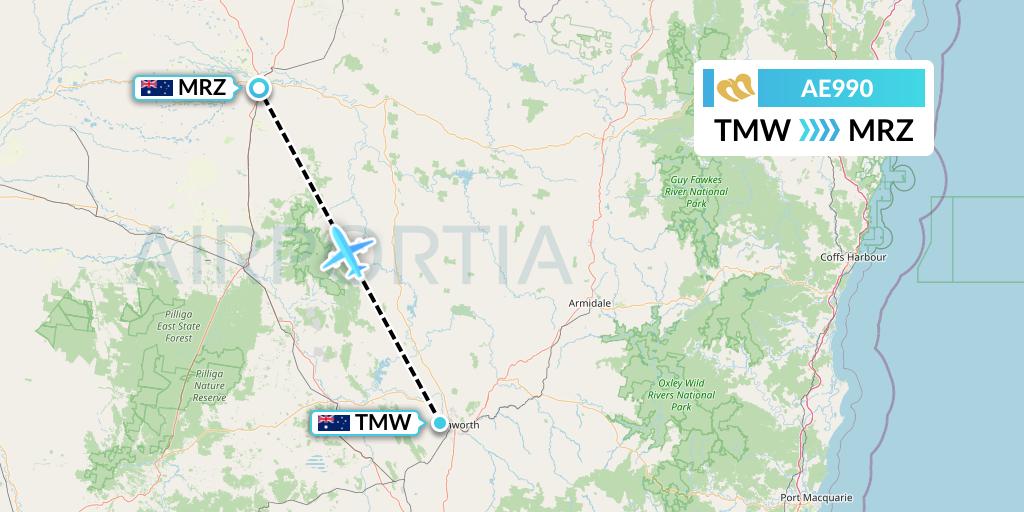 AE990 Mandarin Airlines Flight Map: Tamworth to Moree