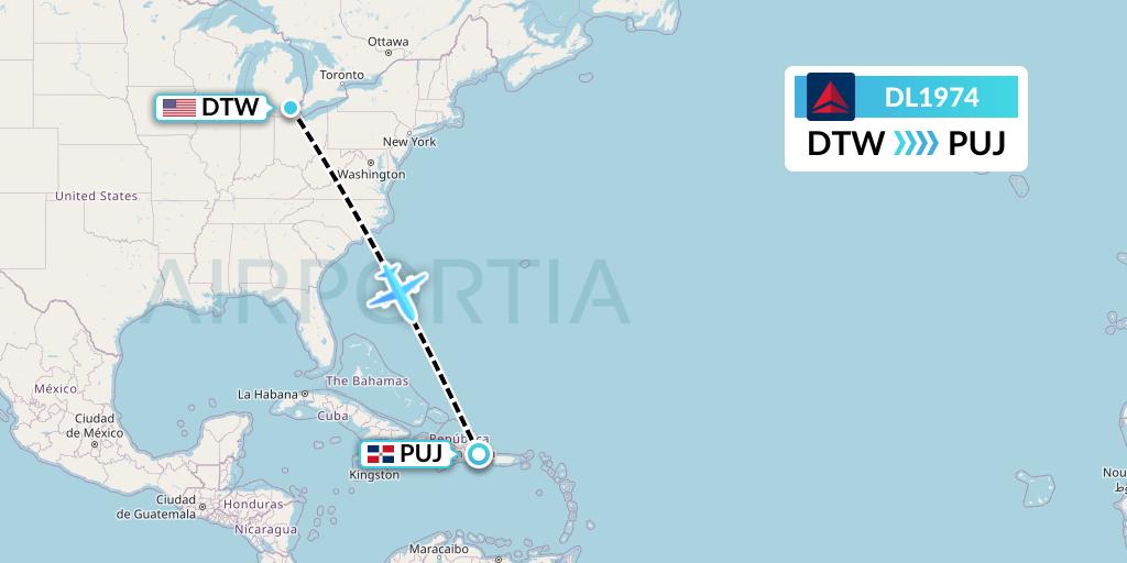 DL1974 Delta Air Lines Flight Map: Detroit to Punta Cana