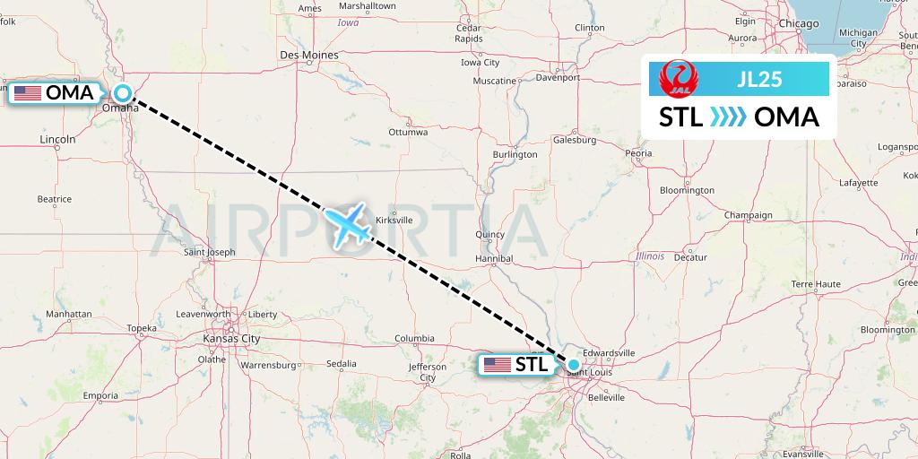 JL25 Japan Airlines Flight Map: St. Louis to Omaha