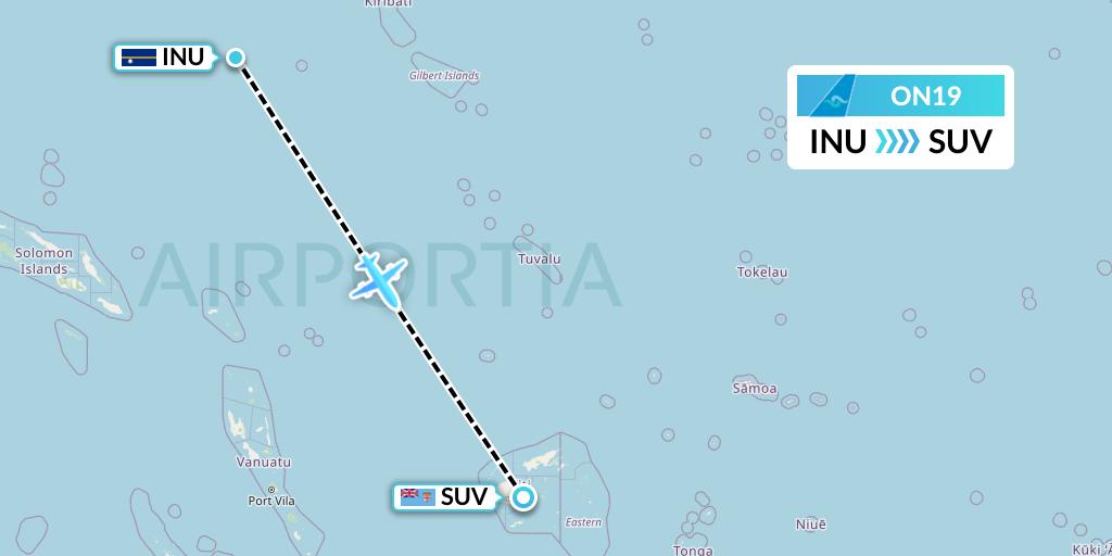 ON19 Nauru Airlines Flight Map: Yaren District to Suva