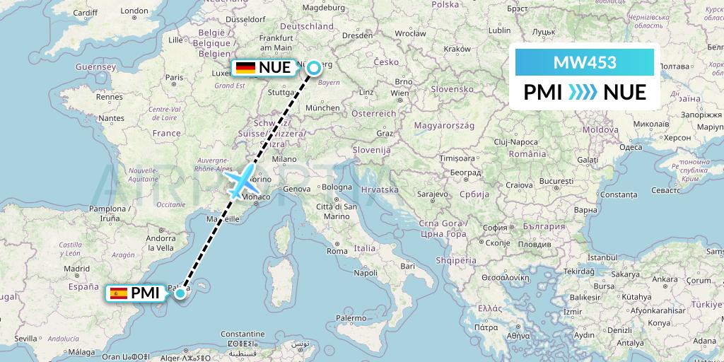 MW453 Mokulele Flight Service Flight Map: Palma de Mallorca to Nurnberg