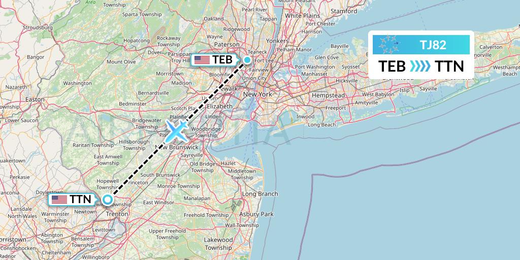 TJ82 Tradewind Aviation Flight Map: Teterboro to Trenton