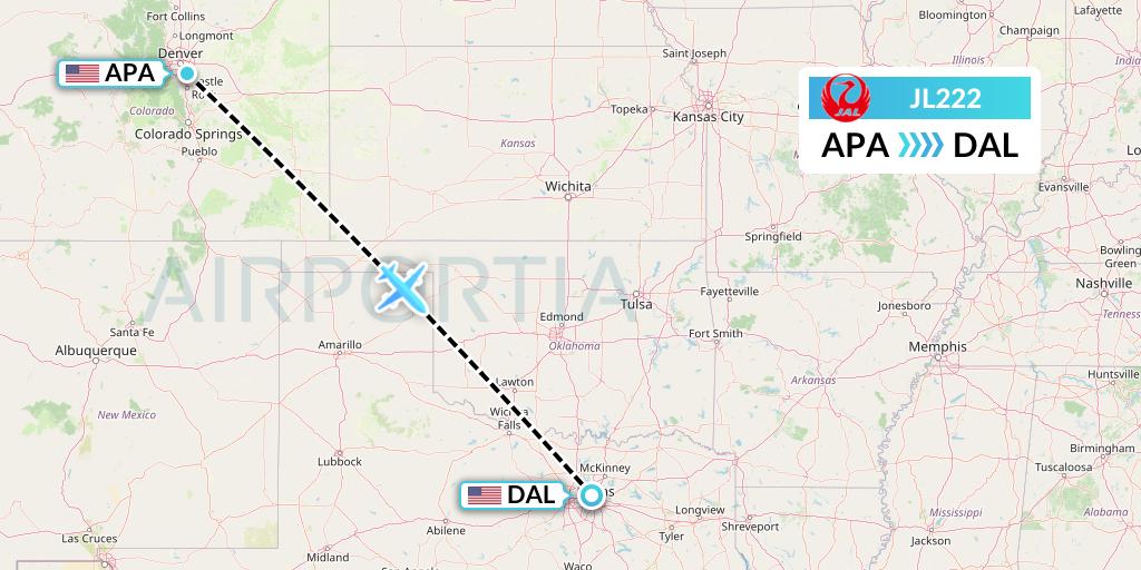 JL222 Japan Airlines Flight Map: Denver to Dallas