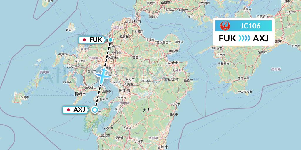 JC106 Japan Air Commuter Flight Map: Fukuoka to Amakusa