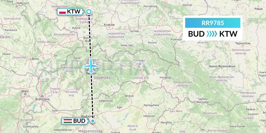 RR9785 Royal Air Force Flight Map: Budapest to Katowice