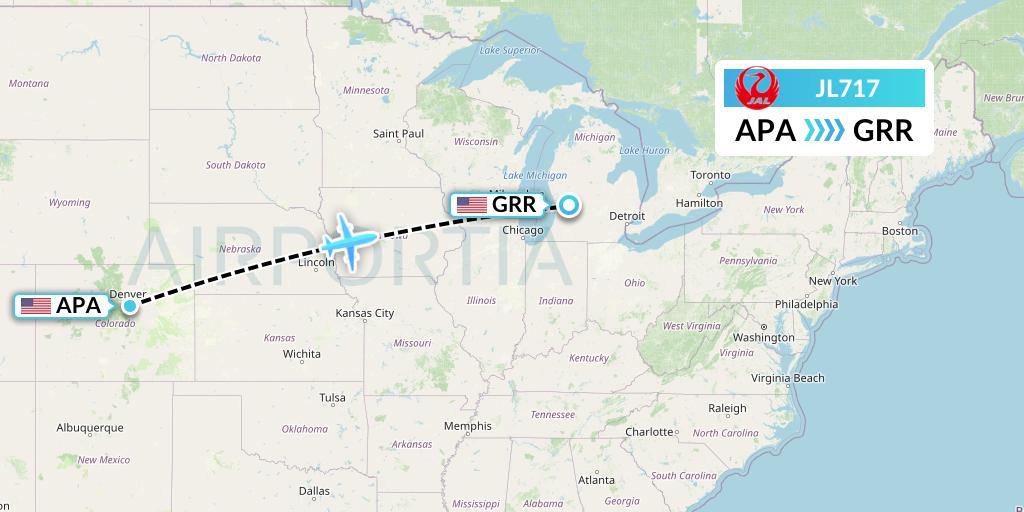 JL717 Japan Airlines Flight Map: Denver to Grand Rapids