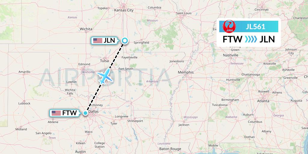 JL561 Japan Airlines Flight Map: Fort Worth to Joplin