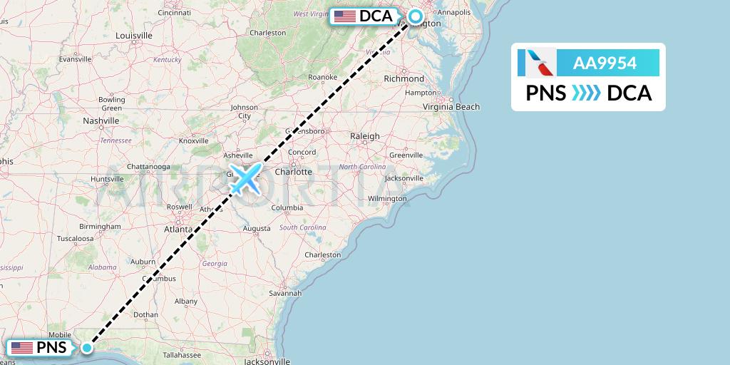 AA9954 American Airlines Flight Map: Pensacola to Washington
