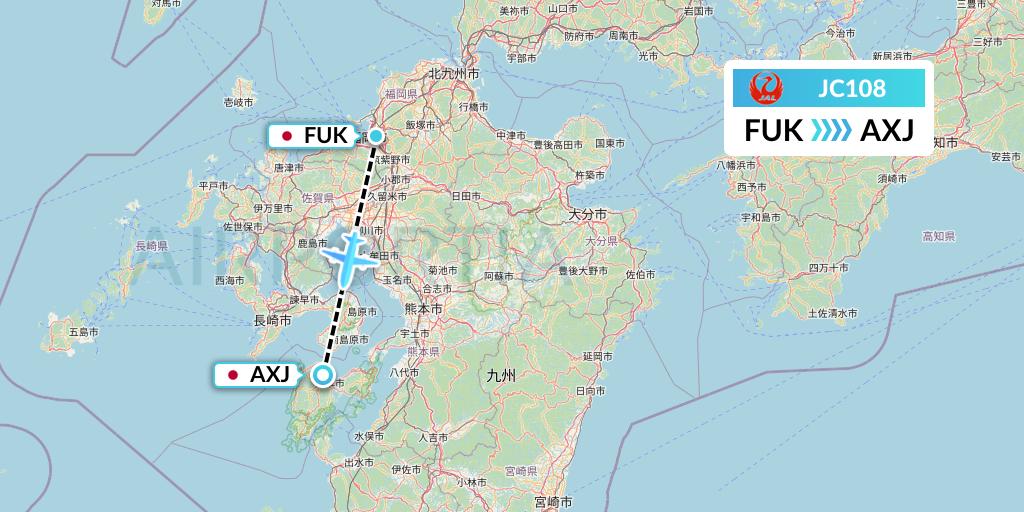 JC108 Japan Air Commuter Flight Map: Fukuoka to Amakusa
