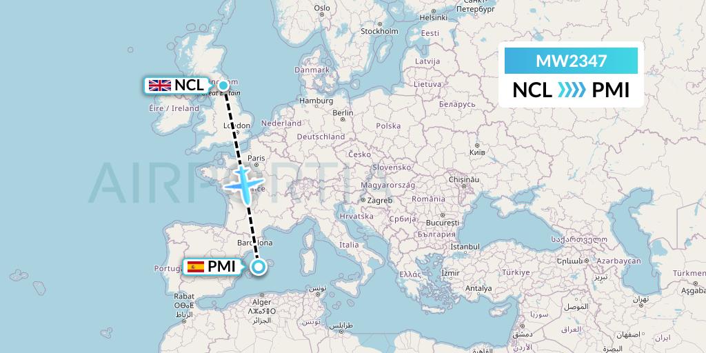 MW2347 Mokulele Flight Service Flight Map: Newcastle to Palma de Mallorca