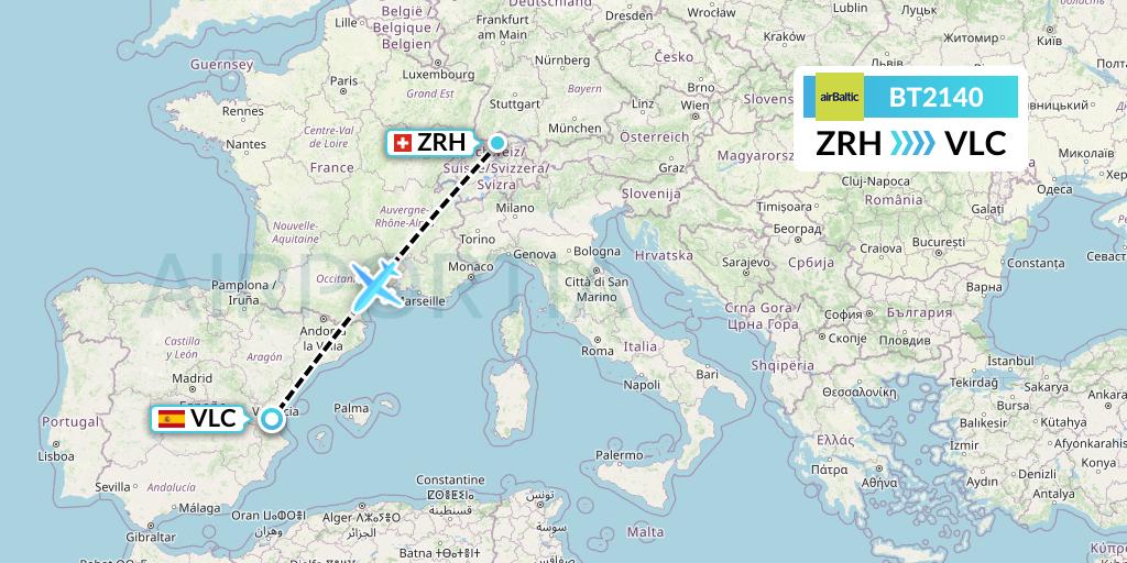 BT2140 Air Baltic Flight Map: Zurich to Valencia