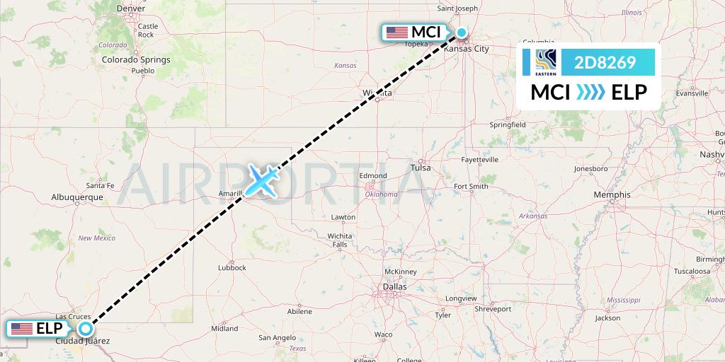 2D8269 Dynamic Airways Flight Map: Kansas City to El Paso